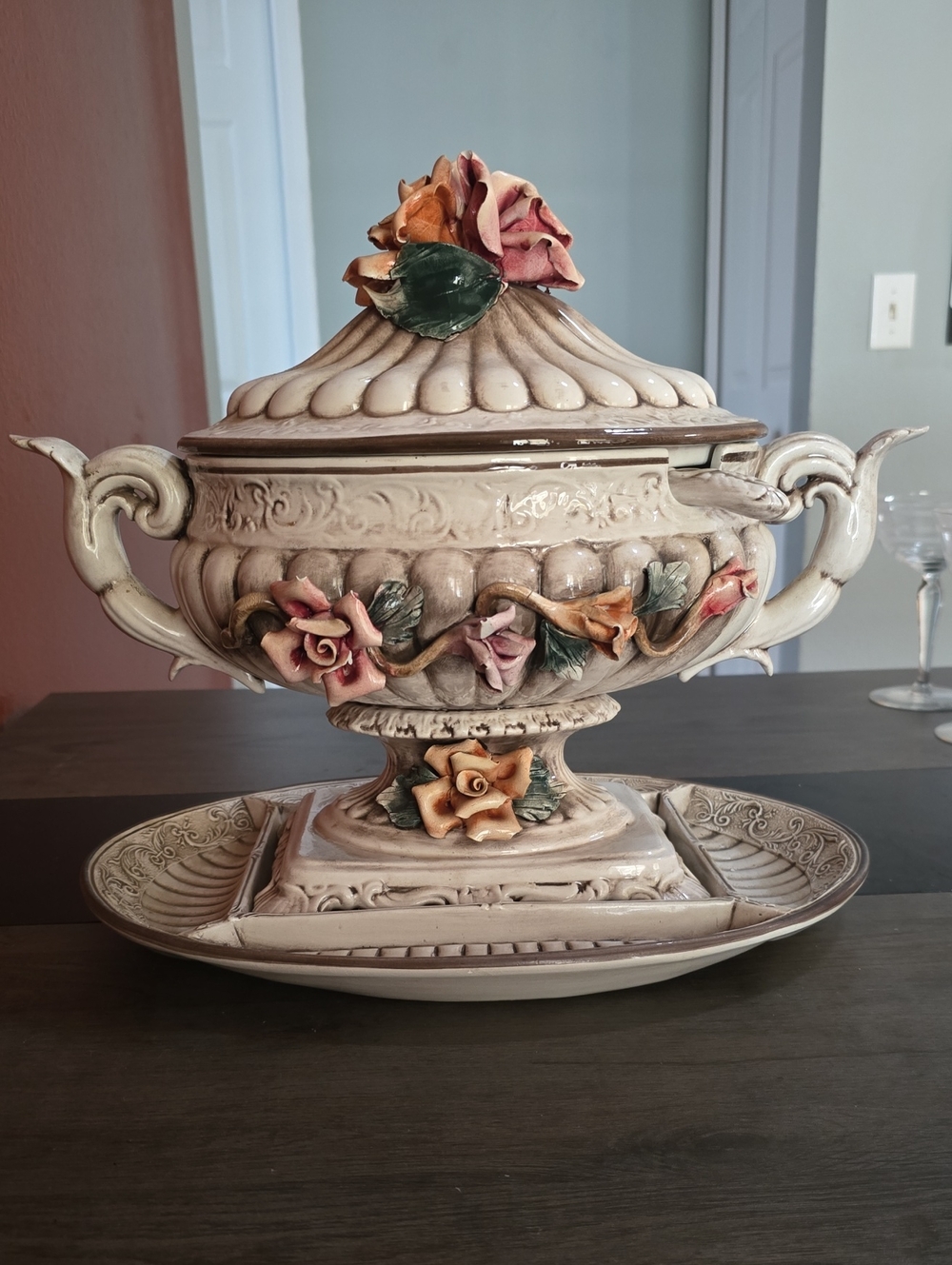 Decorative Cream Ceramic Tureen with Pink and Orange Floral Accents